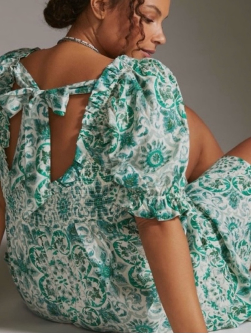 Anthropologie Green-White Smocked Square-Neck Midi Dress - Picture 4 of 9